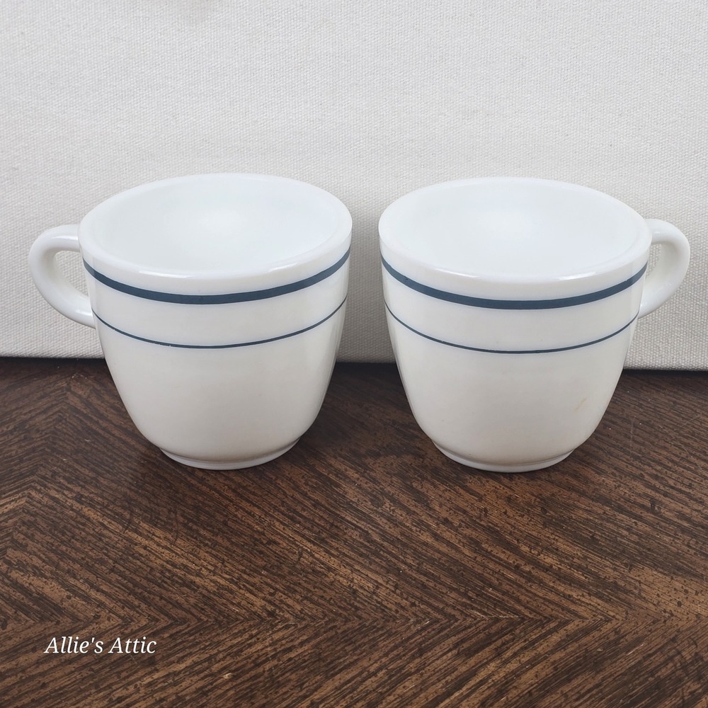 Milk Glass Coffee Mug Set Anchor Hocking Fire King Blue Stripe Vintage Cup #910